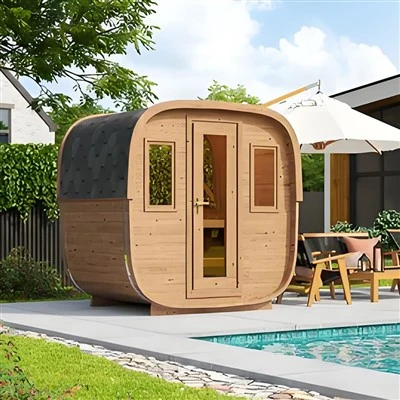 Açık Küp Sauna Odası Kırmızı Sedir 8 Kişilik Komple Kit Elektrikli Soba Harvia Cam Kapı
